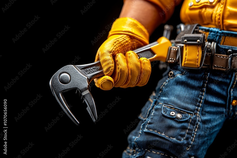 Poster a hyper-realistic close-up of a construction workerâ€™s hand holding a wrench, showing every detail 