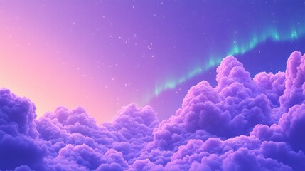 A dreamy sky filled with purple clouds and shimmering stars, showcasing a magical sunset atmosphere.