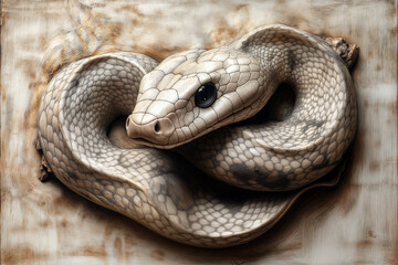 Fototapeta premium Dessin sculpture d'un serpent sur du bois