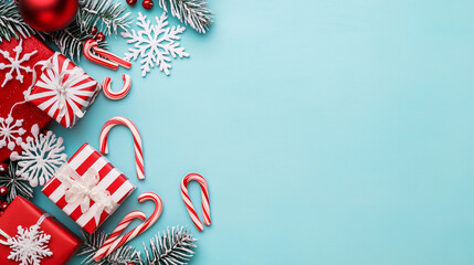 Obraz premium Festive Christmas decorations with red and white gifts, candy canes, and snowflakes on blue background create joyful holiday atmosphere
