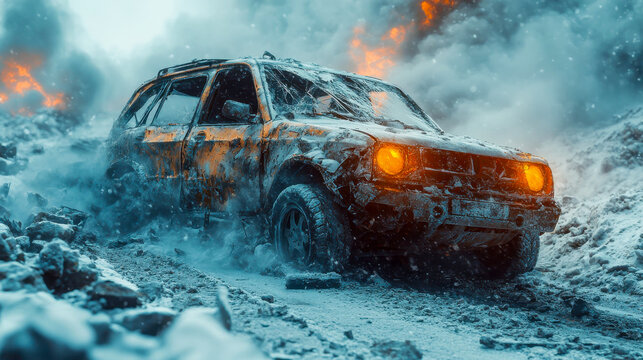 An old SUV battered with snow and dirt, headlights on, pushes through a snowy landscape