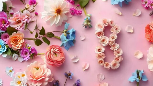 8 march A flowery background with the number 8 in the center. The flowers are arranged in a way that they spell out the number 8