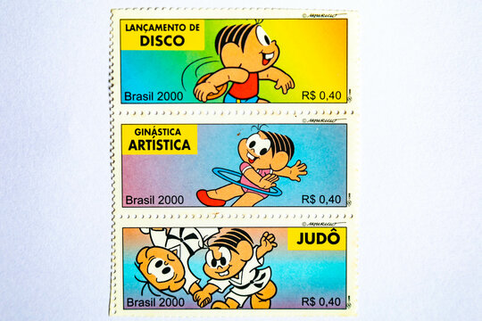 Brazil, November 8, 2024: Collection of postage stamps from the Brazilian Post Office. Maur&iacute;cio de Sousa, Monica, Cebolinha, Olympics, sports, comics