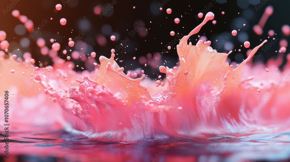 Poster vibrant pink water splash with droplets creating dynamic patterns, showcasing elegance and energy.