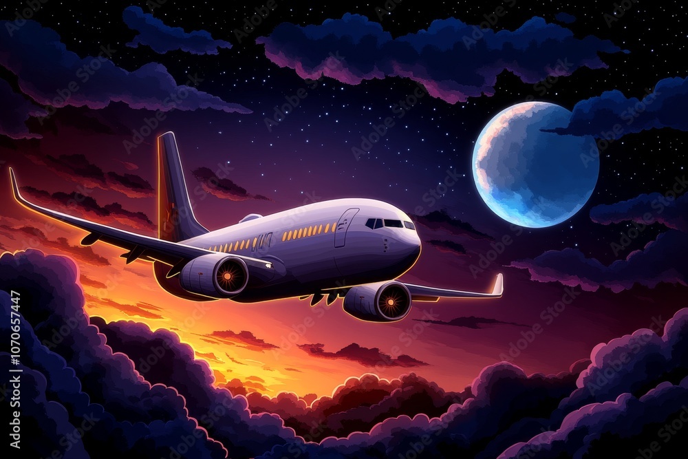 Poster A pixel art airplane with retro 8-bit styling, flying through a pixelated sky with clouds and mountains below
