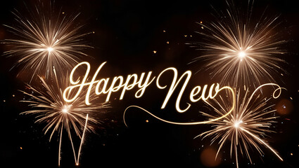 A stunning bokeh effect photography captures the essence of celebration on a rich, pitch-black background, where the golden, cursive script Happy New Year shines brightly, evoking the magic of a starr