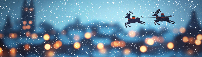 Naklejka premium Reindeer gliding over snowy village, festive atmosphere with lights and snowflakes creating magical winter scene. Perfect for holiday themes
