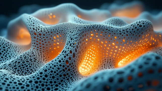 This high-resolution image captures the intricate beauty of fractal biogen nanostructures, featuring glowing holes within a filigree pattern. Generative AI
