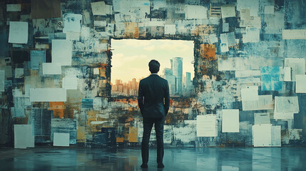 Businessman standing on sight labeled past and future, looking forward to success. Strategic planning and ambitions for growth. Contemporary art collage. Concept of business, achievement, development.