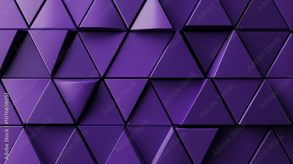 Poster an abstract arrangement of glossy purple triangles, creating a visually striking geometric pattern.