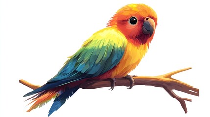 a 2D cartoon illustration of a tropical bird sitting on a branch, colorful and lively, white background--ar 16:9