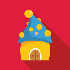 Whimsical mushroom house with a blue roof and yellow spots, set against a vibrant red background, evokes a fairytale charm