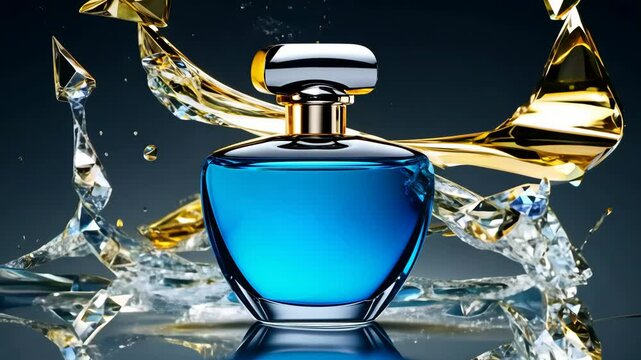 Elegant Blue Perfume Bottle With Gold Details on Dark Background: Luxury Fragrance Commercial