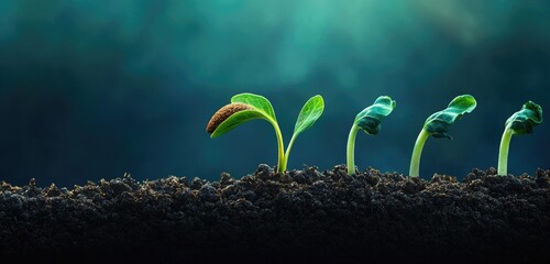 A seed sprouting in rich soil, gradually transforming into a vibrant plant, symbolizing the journey from idea to realization.