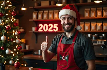 New Year's cafe, barista, a man in a Santa hat, stands behind the bar, smiling, behind him is a Christmas tree, shelves with bags of coffee and the numbers 2025