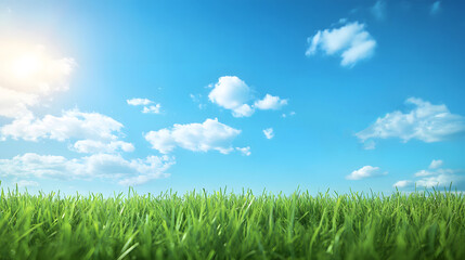 A bright blue sky above a lush green field, symbolizing creativity and freedom. Ideal for design and travel themes.