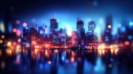 Fototapeta premium A vibrant night view of a city skyline reflecting on water, showcasing colorful lights and a serene atmosphere.