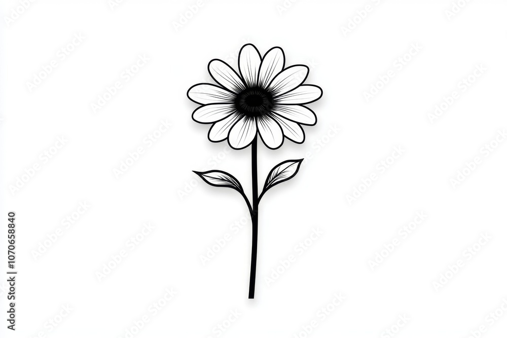 Poster a simple black line drawing of a single flower, centered on a plain white canvas for a minimalist ar