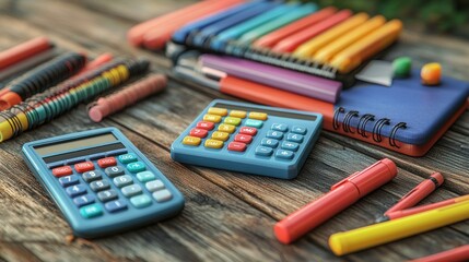 Colorful school supplies on a wooden desk.