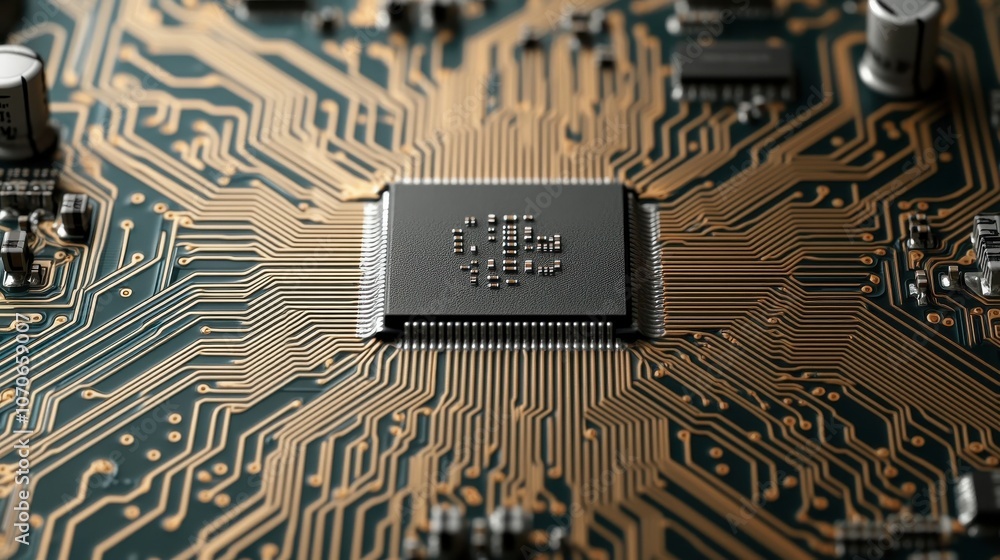 Poster close-up of a computer microprocessor surrounded by intricate circuit patterns.