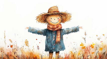 Charming watercolor design vector illustration, a playful scarecrow with a straw hat and friendly face, standing in a field with soft autumn colors, isolated on a white background.