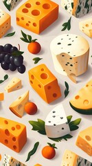 A Colorful Arrangement of Cheeses and Fruits
