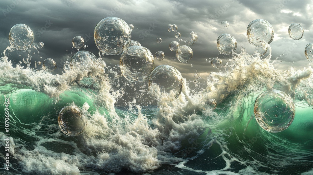 Poster A mesmerizing display of bubbles floating above crashing ocean waves under a dramatic cloudy sky.