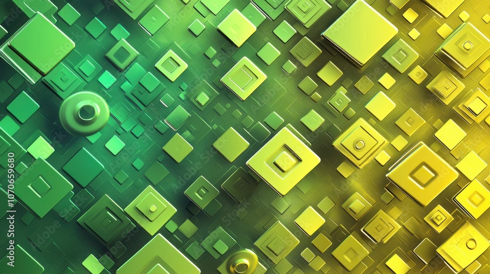 Poster a vibrant digital background featuring green and yellow geometric squares in varying sizes, creating