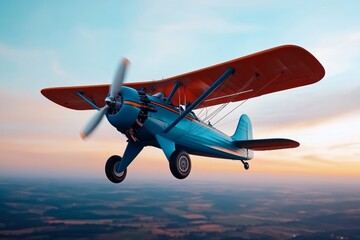 A vintage-style biplane flying low over a countryside field, with details of the propellers and open cockpit