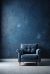 blue soft luxury armchair in the room with dark blue grunge wall