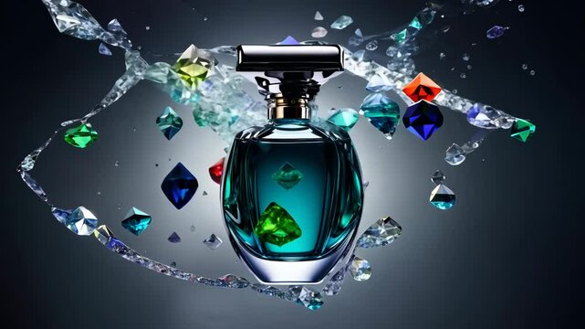 Luxury Perfume Bottle with Splashing Water and Gemstones: A Visual Masterpiece for Fragrance Advertising