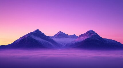 Fototapeta premium Majestic mountains bathed in purple and pink hues during sunrise, surrounded by a velvety sea of clouds.