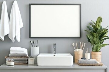 Mockup of Modern Bathroom with Blank Frame Above Minimalist Sink, Clean Lines, and Sleek Accessories
