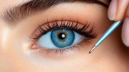 close-up view of a blue-colored woman’s eye with a makeup pencil