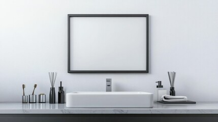 Mockup of Modern Bathroom with Blank Frame Above Minimalist Sink, Clean Lines, and Sleek Accessories