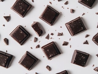 Close-up of dark chocolate squares and pieces on a white background.