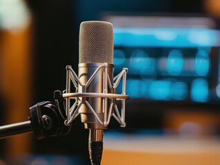 A silver microphone with a pop filter sits ready to record audio in a studio setting.