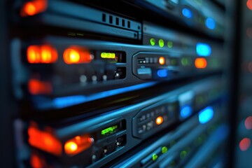 Fototapeta premium Blinking Lights on Server Units in Dark Environment