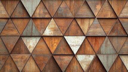 Obraz premium A textured wall featuring a geometric pattern of triangular wooden panels in earthy tones.