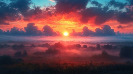 Fototapeta premium A vibrant sunset over a misty landscape with trees and clouds.