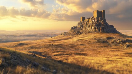 A large castle sits on a hill in a desert