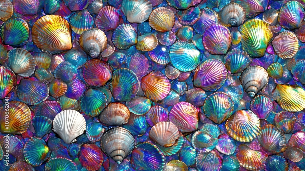 Poster a vibrant array of colorful seashells, showcasing iridescent hues and intricate patterns, creating a