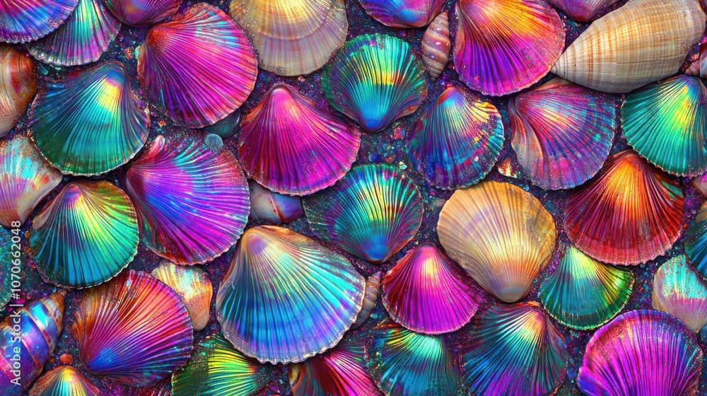 Poster colorful seashells displaying iridescent patterns in vibrant hues, creating a stunning underwater sc