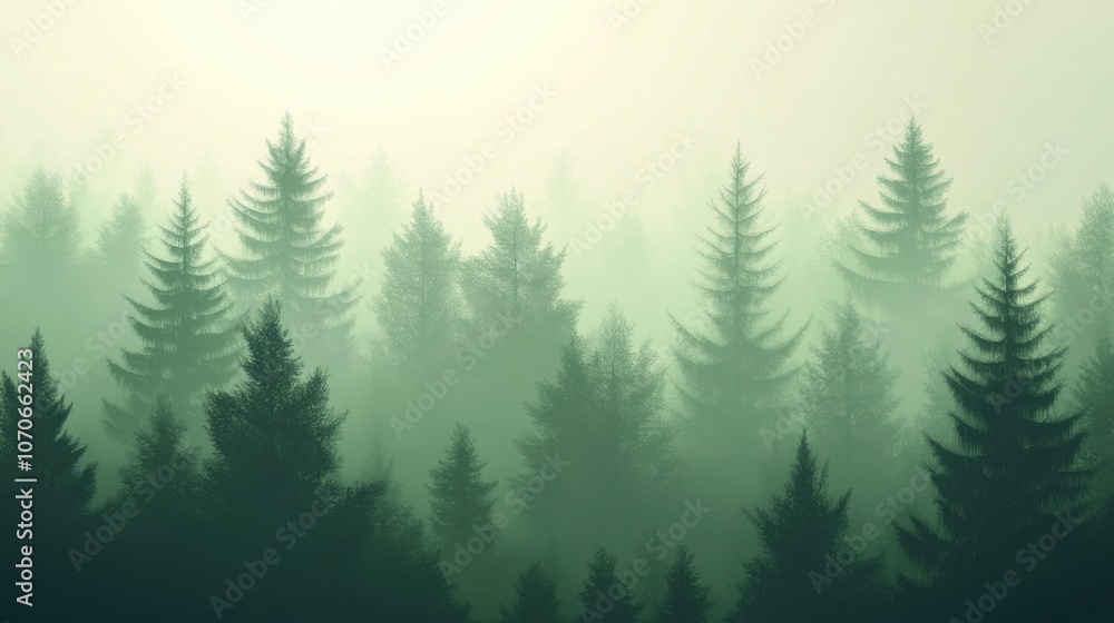 Poster misty forest landscape with layered pine trees in soft green hues, creating a tranquil and mysteriou