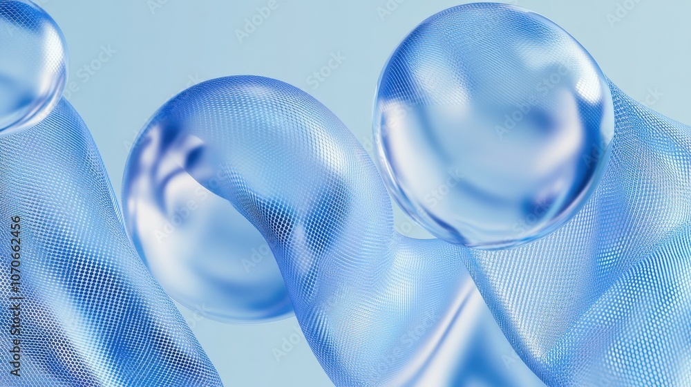 Poster abstract composition of swirling blue bubbles and mesh, creating a dynamic and fluid visual effect.