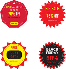 set of tags, Four round category sales sticker, tags, labels. Special offer, big sale, black Friday, discount, free on badges