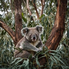 Obraz premium A sleepy koala nestled in a eucalyptus tree within a lush forest scene.