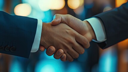 Two businessmen shaking hands in a formal agreement.