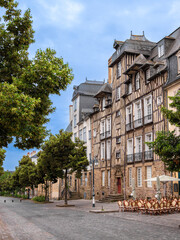 Traditional half-timbered houses in a quaint capital town of Rennes, Brittany.