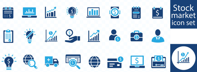 Stock market icon set. Containing stocks, stock exchange, financial goal, shares, investment, bull market, bear market and investment icons